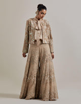 Champagne Pink Water Glimmer Sharara Pants Paired With Satin Shirt And Embellished Jacket