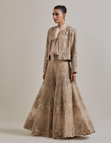 Champagne Pink Water Glimmer Sharara Pants Paired With Satin Shirt And Embellished Jacket