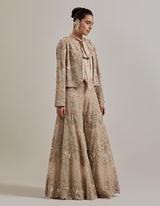 Champagne Pink Water Glimmer Sharara Pants Paired With Satin Shirt And Embellished Jacket