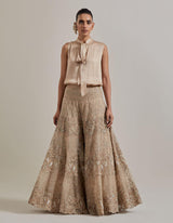 Champagne Pink Water Glimmer Sharara Pants Paired With Satin Shirt And Embellished Jacket