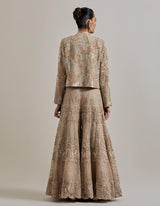 Champagne Pink Water Glimmer Sharara Pants Paired With Satin Shirt And Embellished Jacket