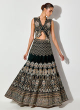 Bottle Green Velvet Cross Stitch And Hand Embroidered Gilet And Skirt