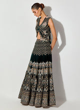 Bottle Green Velvet Cross Stitch And Hand Embroidered Gilet And Skirt