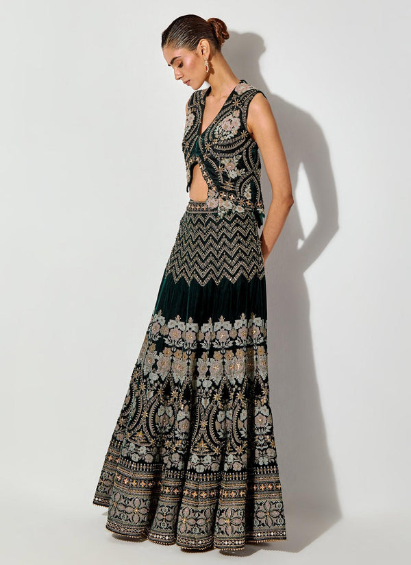 Bottle Green Velvet Cross Stitch And Hand Embroidered Gilet And Skirt