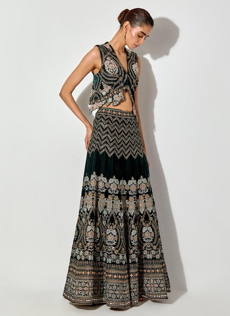 Bottle Green Velvet Cross Stitch And Hand Embroidered Gilet And Skirt