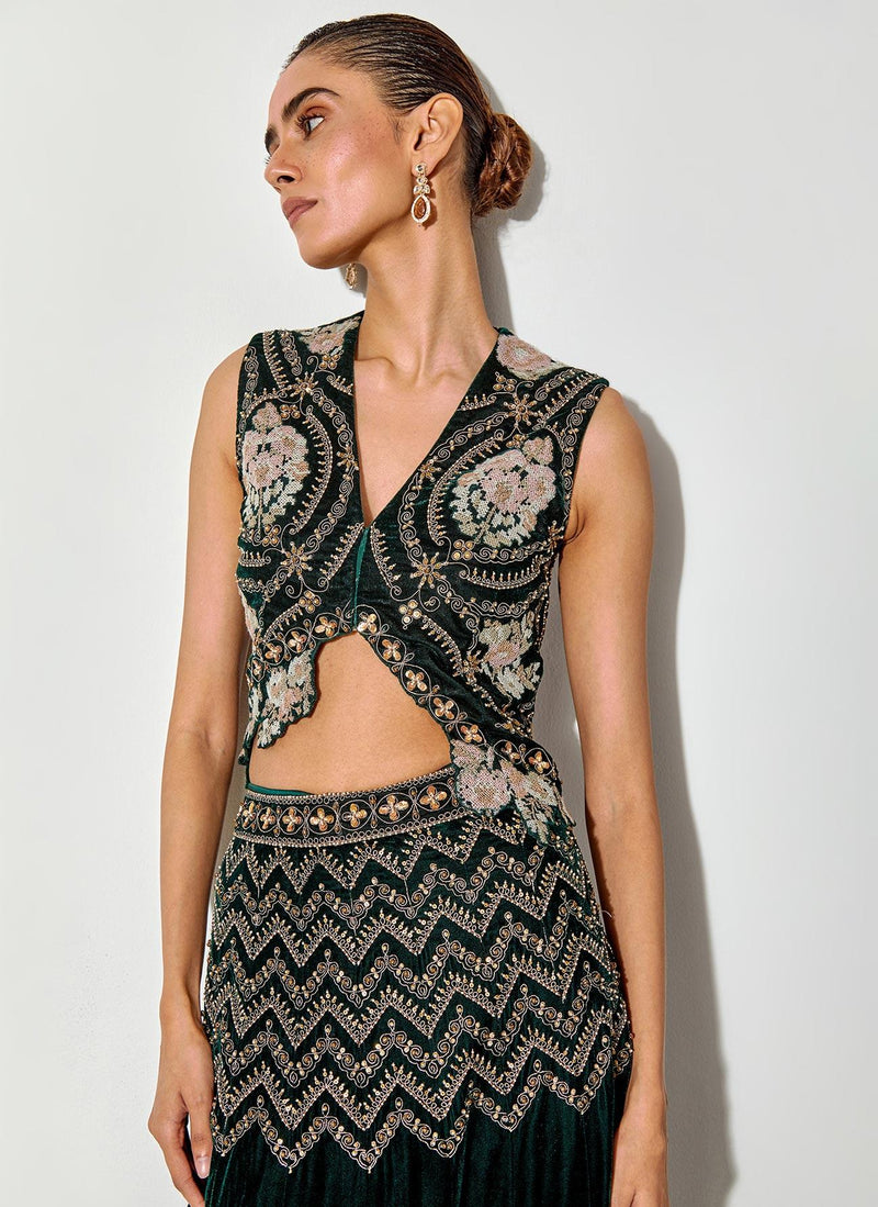 Bottle Green Velvet Cross Stitch And Hand Embroidered Gilet And Skirt