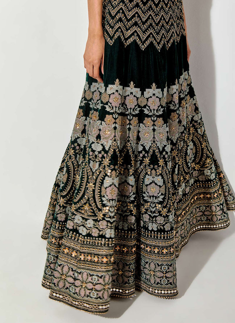 Bottle Green Velvet Cross Stitch And Hand Embroidered Gilet And Skirt