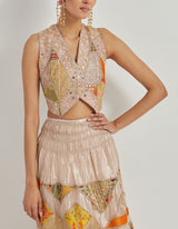 Tissue Waist Coat In Mirrow Work And Applique Embroidery Paired With Tiered Patch Work Skirt With Elasticated Waist Band