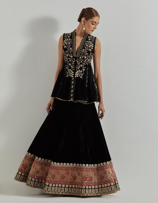 Rangrez Black A Line Jacket Paired With Brocade And Velveet Panelled Skirt