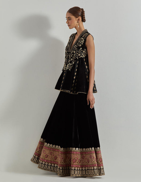 Rangrez Black A Line Jacket Paired With Brocade And Velveet Panelled Skirt