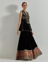 Rangrez Black A Line Jacket Paired With Brocade And Velveet Panelled Skirt