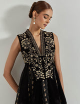 Rangrez Black A Line Jacket Paired With Brocade And Velveet Panelled Skirt