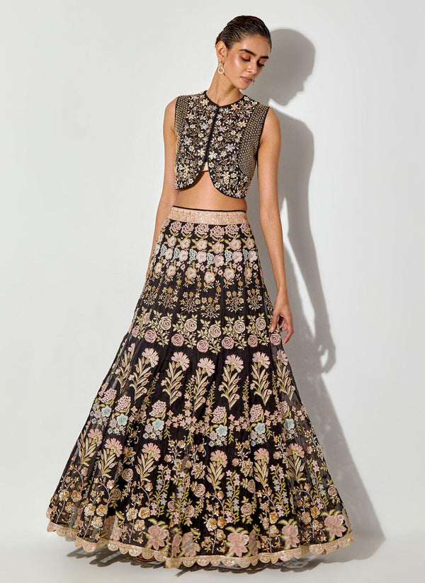 Black Hand Embellished Waist Coat Paired With Resham And Zardozi Embroidery Skirt