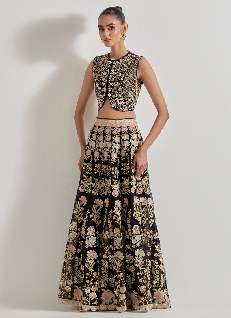 Black Sajawat Hand Embellished Waist Coat In Stretch Fabric Paired With Organza Embroidered Skrit