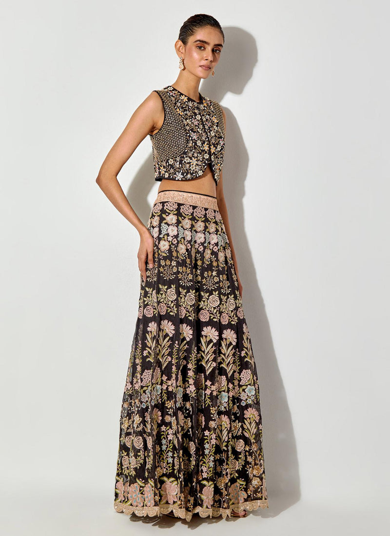 Black Hand Embellished Waist Coat Paired With Resham And Zardozi Embroidery Skirt