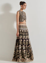 Black Sajawat Hand Embellished Waist Coat In Stretch Fabric Paired With Organza Embroidered Skrit