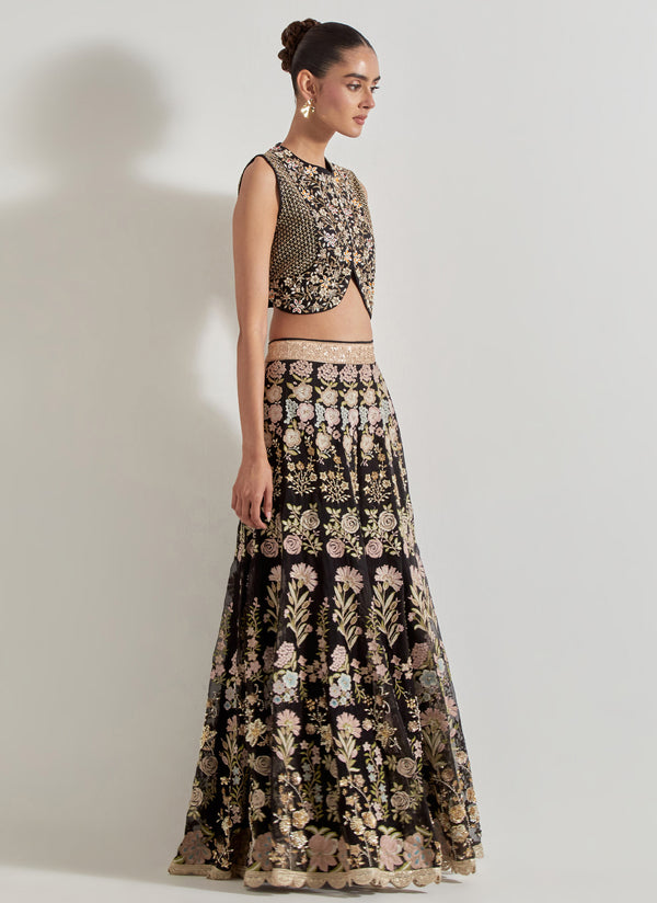 Black Sajawat Hand Embellished Waist Coat In Stretch Fabric Paired With Organza Embroidered Skrit