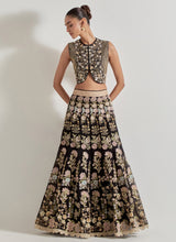 Black Sajawat Hand Embellished Waist Coat In Stretch Fabric Paired With Organza Embroidered Skrit