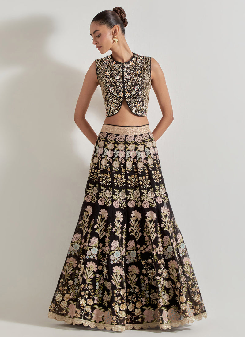 Black Sajawat Hand Embellished Waist Coat In Stretch Fabric Paired With Organza Embroidered Skrit