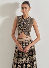 Black Sajawat Hand Embellished Waist Coat In Stretch Fabric Paired With Organza Embroidered Skrit