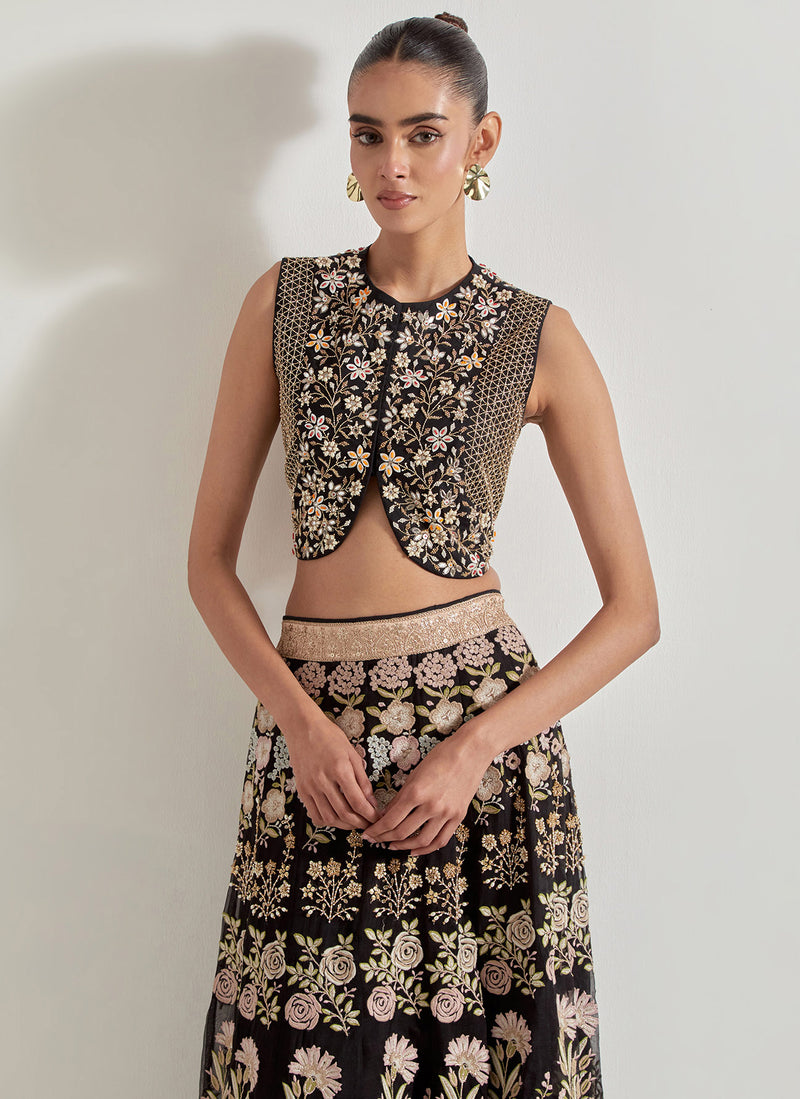 Black Sajawat Hand Embellished Waist Coat In Stretch Fabric Paired With Organza Embroidered Skrit
