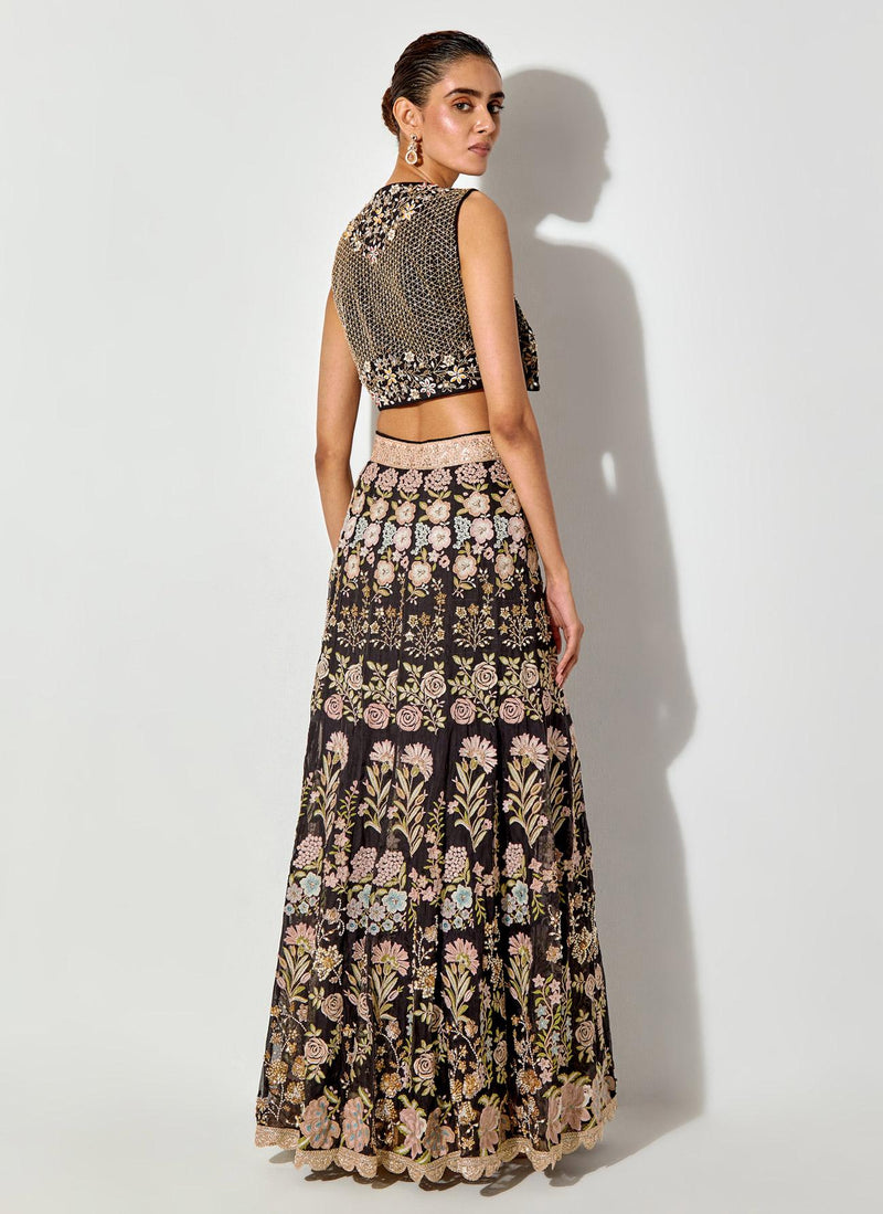 Black Hand Embellished Waist Coat Paired With Resham And Zardozi Embroidery Skirt