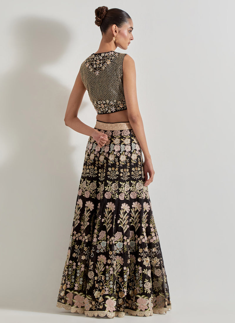 Black Sajawat Hand Embellished Waist Coat In Stretch Fabric Paired With Organza Embroidered Skrit