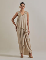 Gold Gota Glimmer Asymmetric Textured And Embellished Top With Drape Skirt