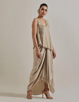 Gold Gota Glimmer Asymmetric Textured And Embellished Top With Drape Skirt