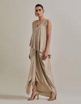 Gold Gota Glimmer Asymmetric Textured And Embellished Top With Drape Skirt