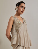 Gold Gota Glimmer Asymmetric Textured And Embellished Top With Drape Skirt