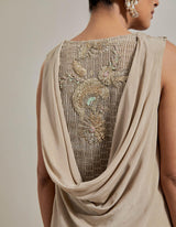 Gold Gota Glimmer Asymmetric Textured And Embellished Top With Drape Skirt