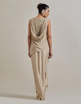 Gold Gota Glimmer Asymmetric Textured And Embellished Top With Drape Skirt