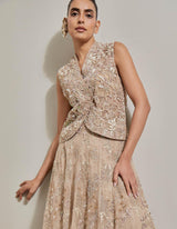 Champagne Gold Water Glimmer Embellsihed Skirt And Jacket Set