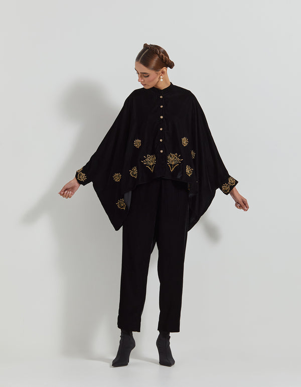 Black Velveteen Baggy Shirt Embellished With Zardozi Floral Embroidery Paired With Velveteen Straight Pants