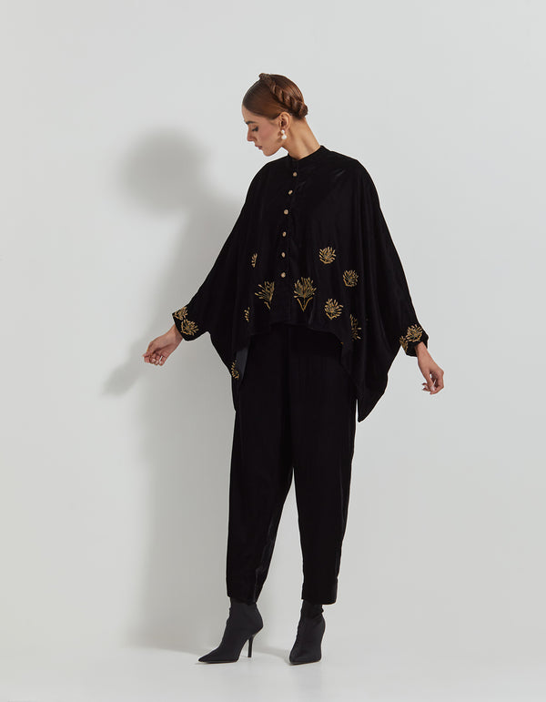 Black Velveteen Baggy Shirt Embellished With Zardozi Floral Embroidery Paired With Velveteen Straight Pants