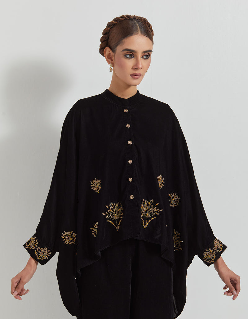 Black Velveteen Baggy Shirt Embellished With Zardozi Floral Embroidery Paired With Velveteen Straight Pants