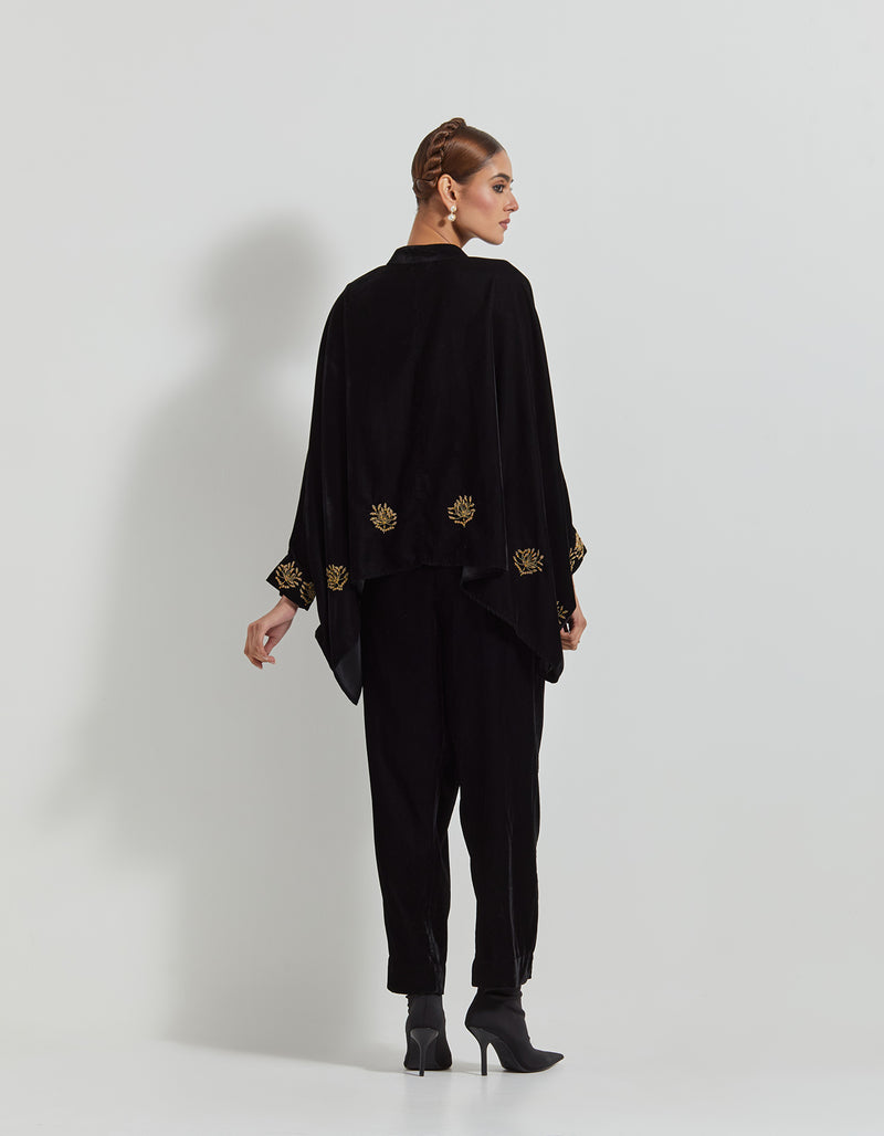 Black Velveteen Baggy Shirt Embellished With Zardozi Floral Embroidery Paired With Velveteen Straight Pants