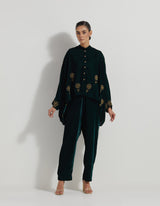 Bottle Green Velveteen Baggy Shirt Embellished With Zardozi Floral Embroidery Paired With Velveteen Straight Pants