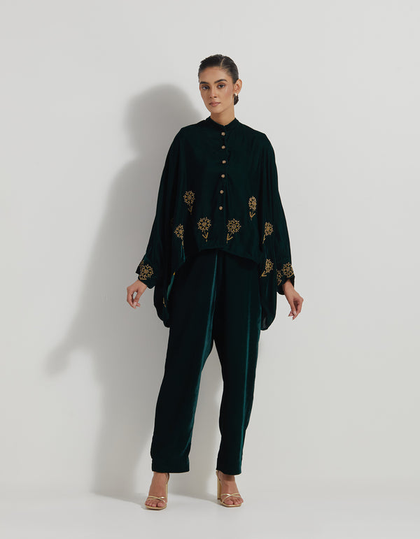 Bottle Green Velveteen Baggy Shirt Embellished With Zardozi Floral Embroidery Paired With Velveteen Straight Pants