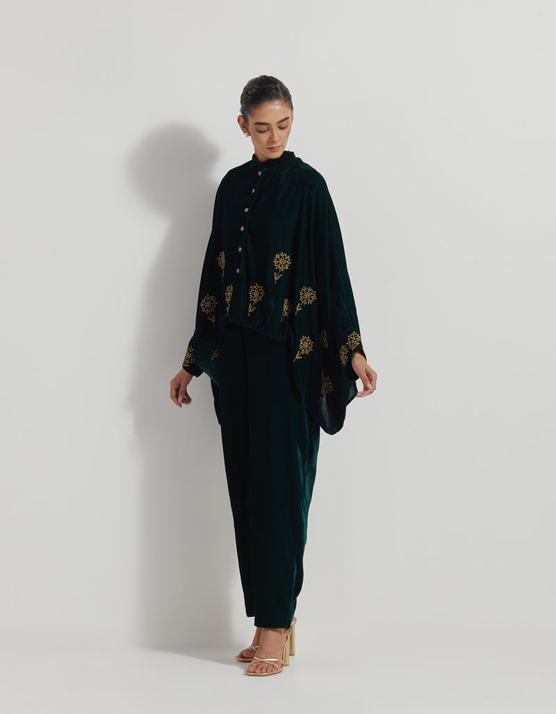 Bottle Green Velveteen Baggy Shirt Embellished With Zardozi Floral Embroidery Paired With Velveteen Straight Pants