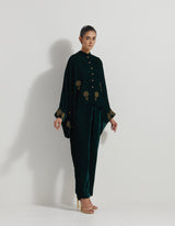 Bottle Green Velveteen Baggy Shirt Embellished With Zardozi Floral Embroidery Paired With Velveteen Straight Pants