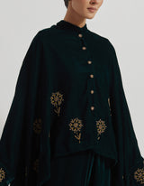 Bottle Green Velveteen Baggy Shirt Embellished With Zardozi Floral Embroidery Paired With Velveteen Straight Pants