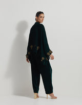 Bottle Green Velveteen Baggy Shirt Embellished With Zardozi Floral Embroidery Paired With Velveteen Straight Pants