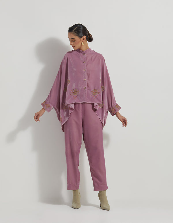 Lavender Velveteen Baggy Shirt Embellished With Zardozi Floral Embroidery Paired With Velveteen Straight Pants