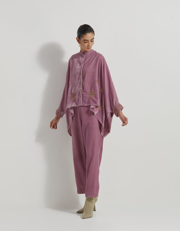 Lavender Velveteen Baggy Shirt Embellished With Zardozi Floral Embroidery Paired With Velveteen Straight Pants