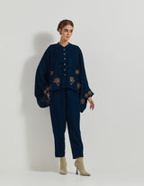 Teal Velveteen Baggy Shirt Embellished With Zardozi Floral Embroidery Paired With Velveteen Straight Pants