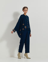 Teal Velveteen Baggy Shirt Embellished With Zardozi Floral Embroidery Paired With Velveteen Straight Pants