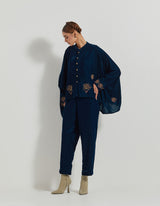 Teal Velveteen Baggy Shirt Embellished With Zardozi Floral Embroidery Paired With Velveteen Straight Pants