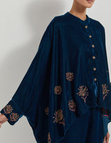 Teal Velveteen Baggy Shirt Embellished With Zardozi Floral Embroidery Paired With Velveteen Straight Pants